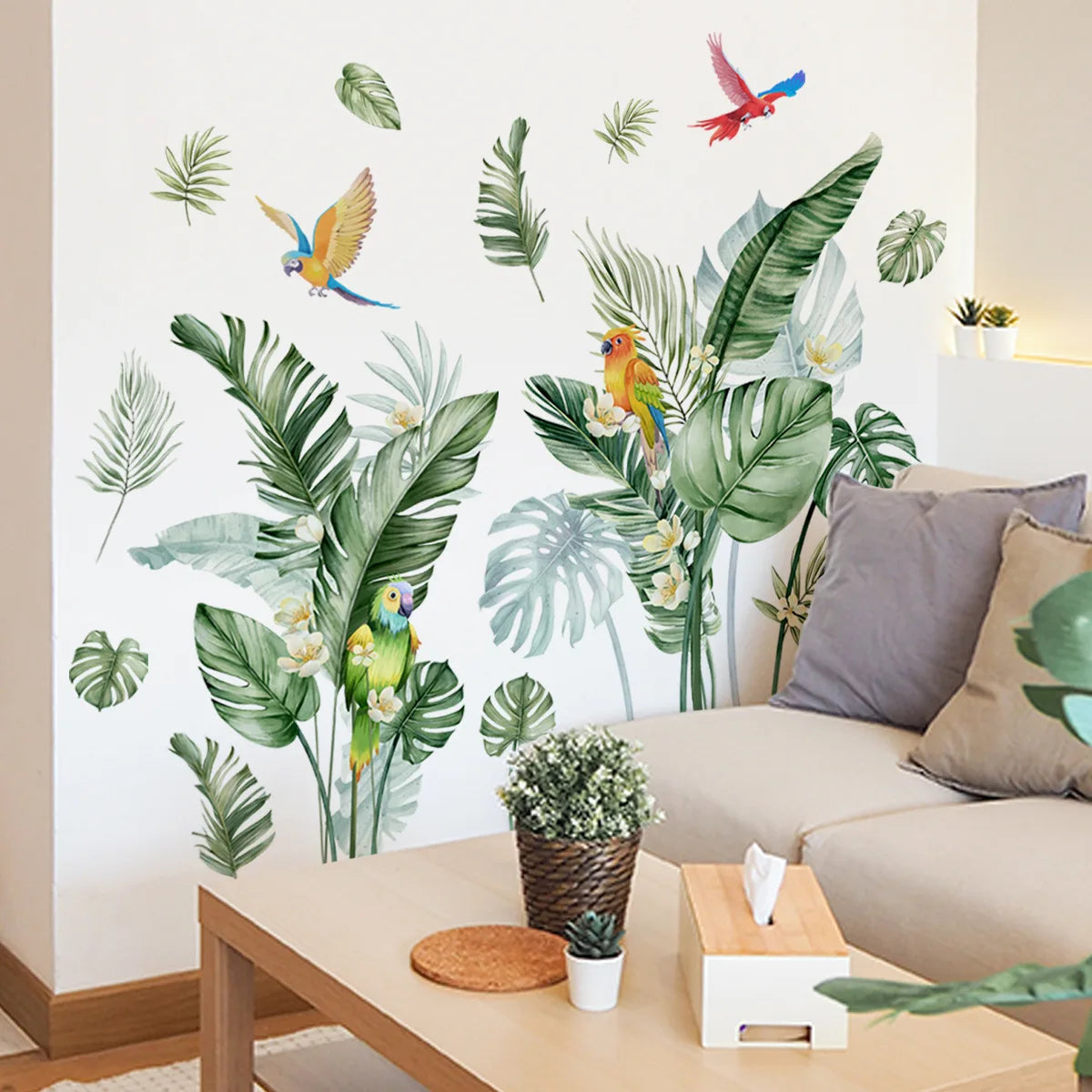 Close-up view of Tropical Leaves and Bird Wall Decal | Home Decor by HomeDecorDecals.
