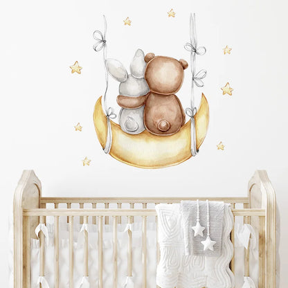 Cartoon Grey Baby Elephant Moon Gold Stars Wall Stickers for Kids Room Decor Nurserry Wall Decals Girl Boy Room Decorative-HomeDecorDecals_com