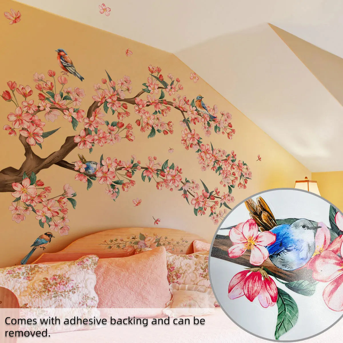 Additional view of Creative Peach Blossom Bird and Branch Wall Decal | Home Decor by HomeDecorDecals.