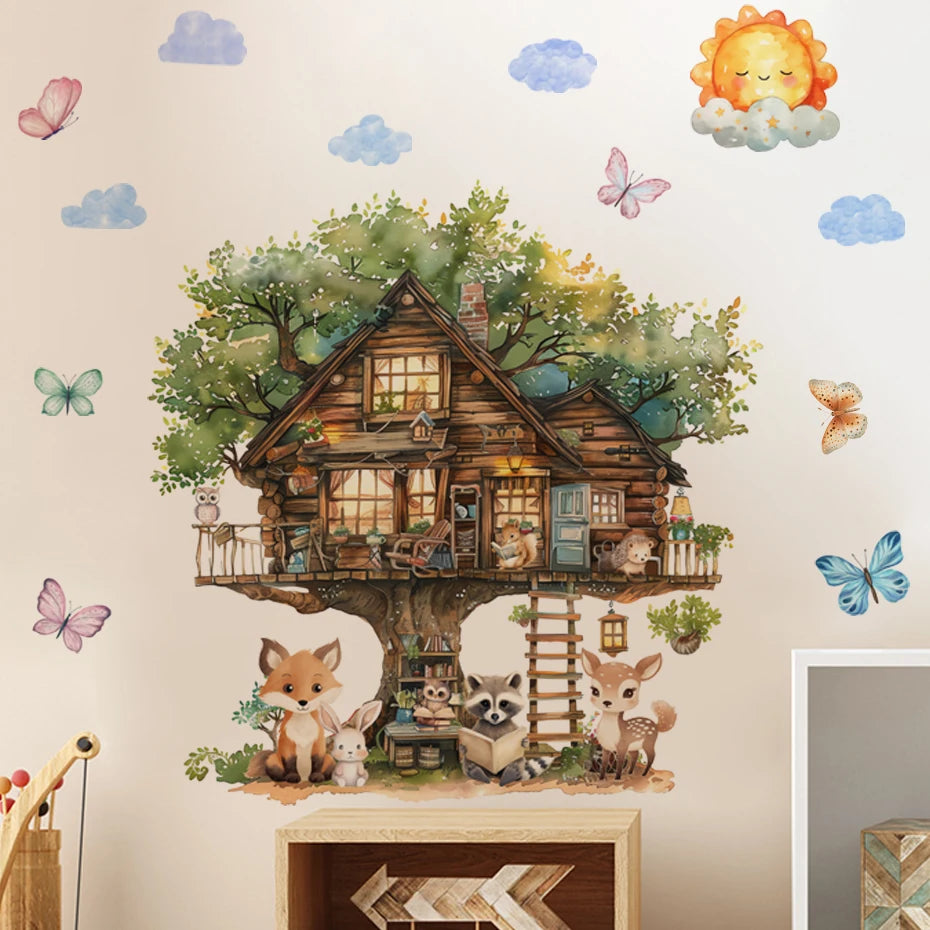 Animals reading in the fairytale tree house Wall Sticker Vinyl Baby Nursery Art Decals for Kids Room Home Decor-HomeDecorDecals_com