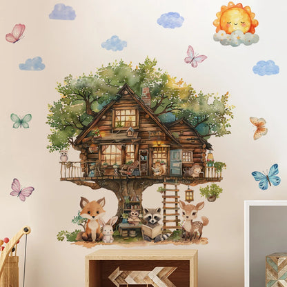 Animals reading in the fairytale tree house Wall Sticker Vinyl Baby Nursery Art Decals for Kids Room Home Decor-HomeDecorDecals_com