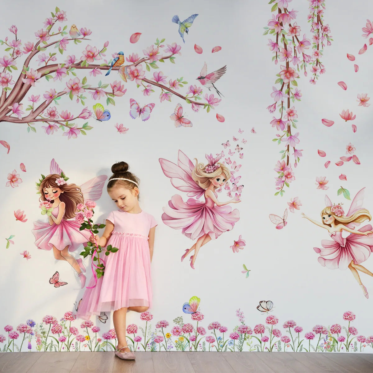 Pink Tree Branches Birds Butterflies Elf Girls Meet Wall Stickers Bedroom Children's Room Home Wall Decoration Self-adhesive-HomeDecorDecals_com