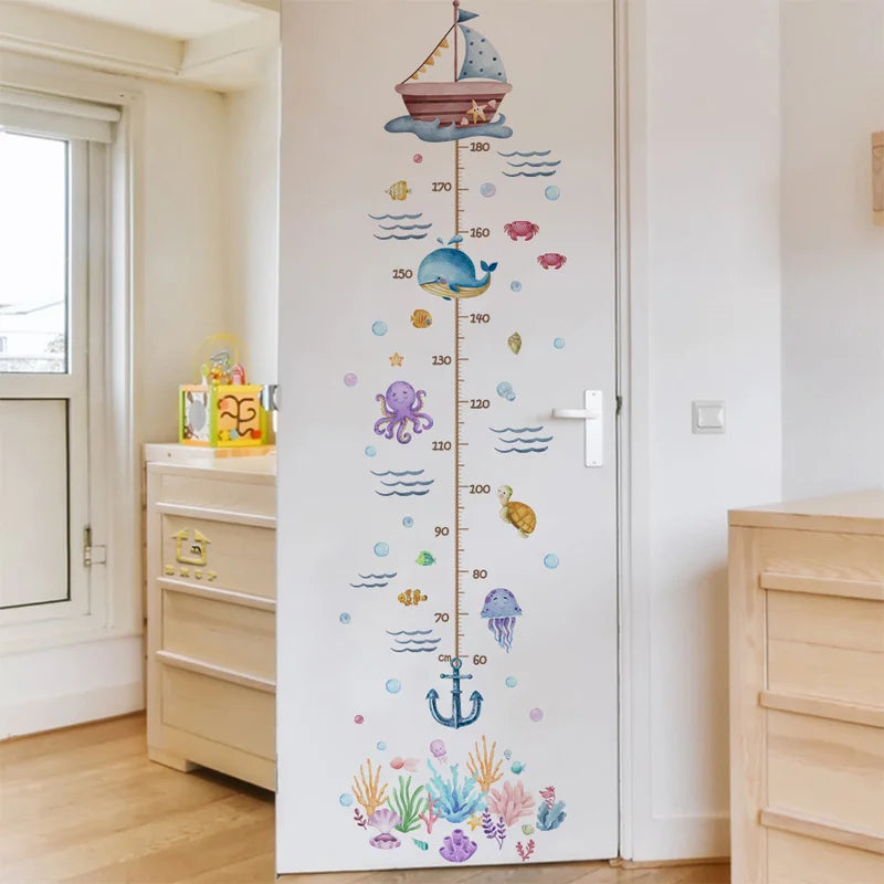 Cartoon Ocean Animal Growth Chart - Whale Dolphin Removable Height Ruler Sticker, Kids Room Marine Decor Wall Art Decals-HomeDecorDecals_com