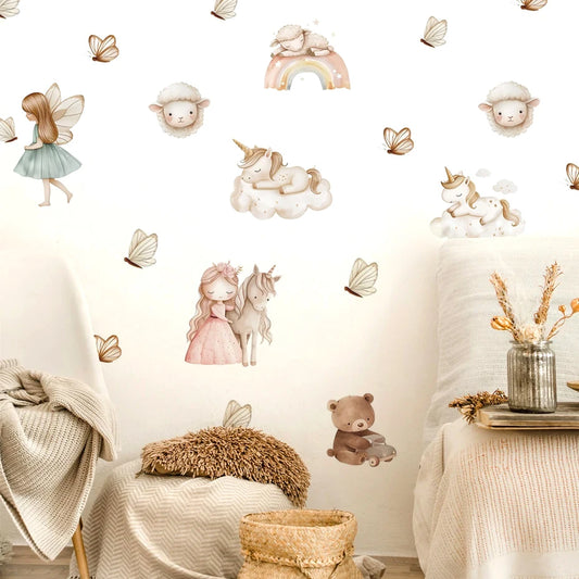 Watercolour Unicorn Fairy Bear Rainbow Wall Decal | Kids Room Decor removable peel and stick wall decal by HomeDecorDecals.