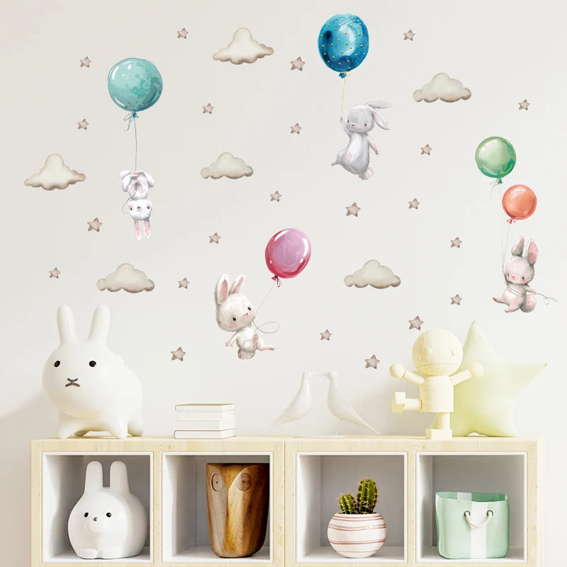 Bunny Baby Nursery Wall Stickers Cartoon Rabbit Swing on the Stars Wall Decals for Kids Room PVC Removable Stickers PVC DIY-HomeDecorDecals_com