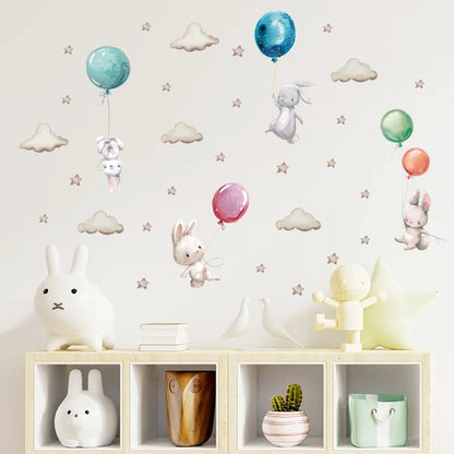 Bunny Baby Nursery Wall Stickers Cartoon Rabbit Swing on the Stars Wall Decals for Kids Room PVC Removable Stickers PVC DIY-HomeDecorDecals_com