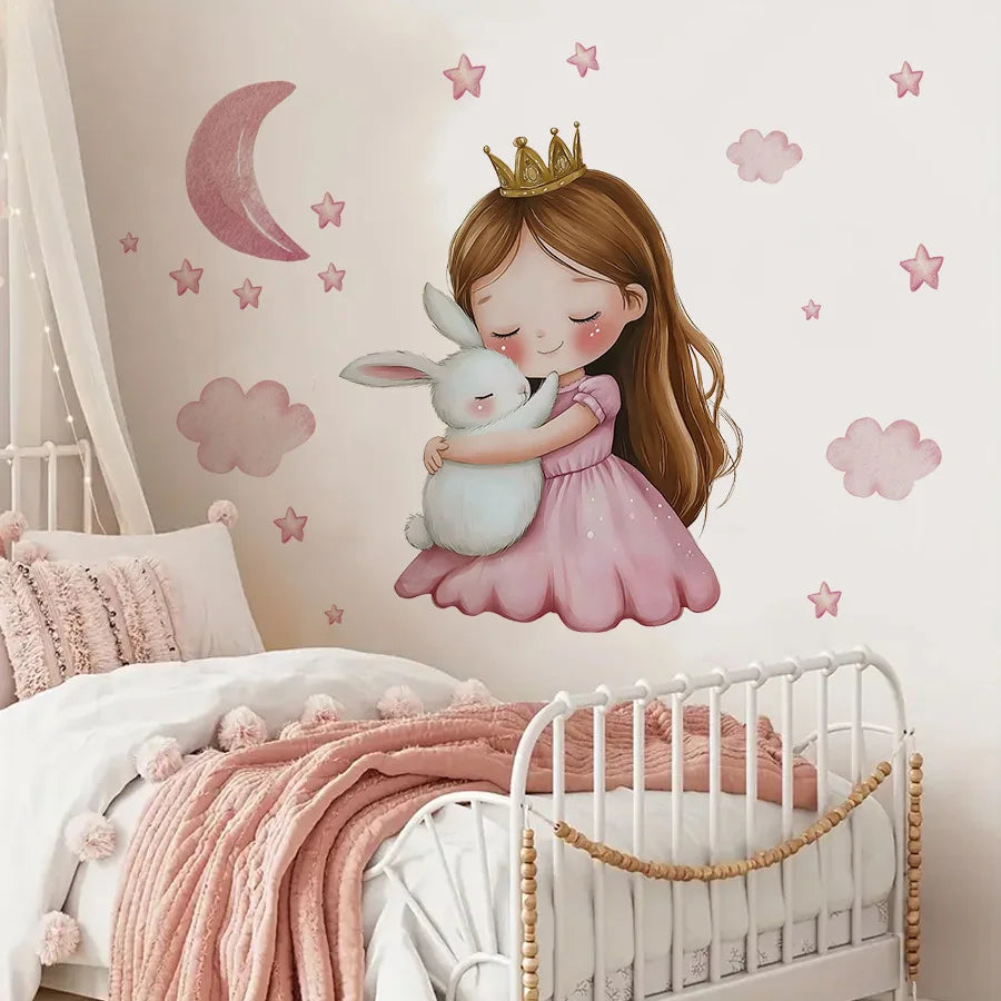 Cute Cartoon Girl Hugging Rabbit Wall Sticker Nursery Kids Room Decor Removable Self-Adhesive Home Art Decal-HomeDecorDecals_com