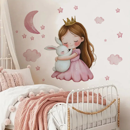 Cute Cartoon Girl Hugging Rabbit Wall Sticker Nursery Kids Room Decor Removable Self-Adhesive Home Art Decal-HomeDecorDecals_com