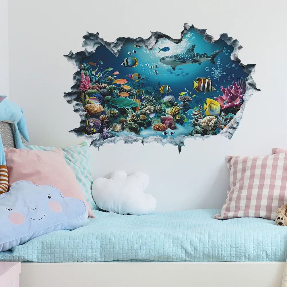 3D Shark Breaking Wall Decal Ocean Underwater World Mural Self-Adhesive Wall Sticker for Bedroom Living Room Home Decoration-HomeDecorDecals_com