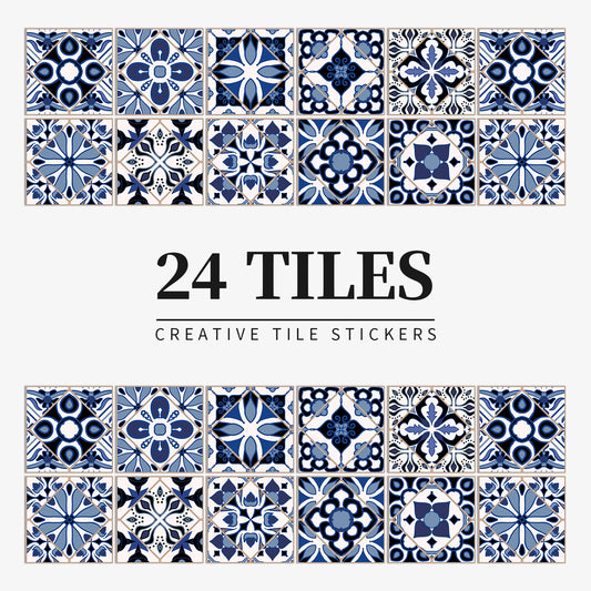 24 pcs/pack, Waterproof and Oil-proof, Easy To Clean, Blue Retro Pattern Self-adhesive PVC Tile Stickers-HomeDecorDecals_com