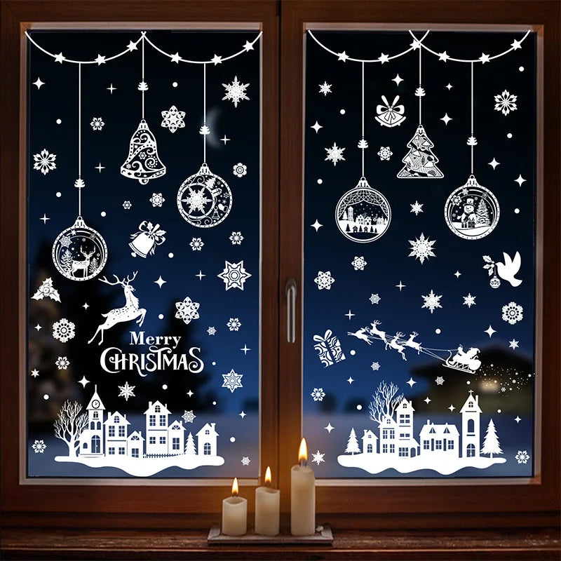 9pcs Snowflake Christmas Window Stickers Reindeer New Year Decal Wall Sticker White Christmas Electrostatic Stickers Decorations-HomeDecorDecals_com
