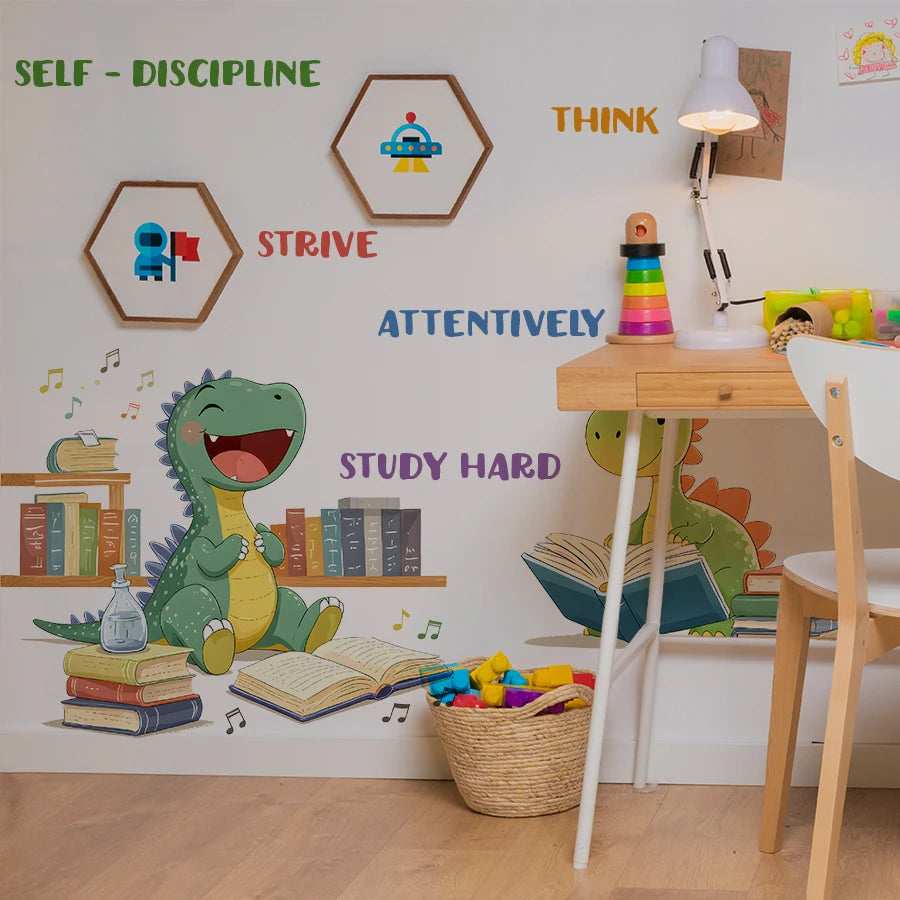 Educational Dinosaur Wall Stickers STRIVE STUDY HARD ATTENTIVELY THINK Learning Decor For Classroom Living Room Playroom-HomeDecorDecals_com