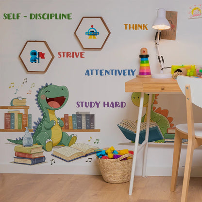 Educational Dinosaur Wall Stickers STRIVE STUDY HARD ATTENTIVELY THINK Learning Decor For Classroom Living Room Playroom-HomeDecorDecals_com