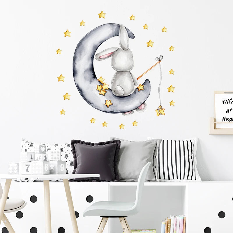 Cartoon Grey Baby Elephant Moon Gold Stars Wall Stickers for Kids Room Decor Nurserry Wall Decals Girl Boy Room Decorative-HomeDecorDecals_com