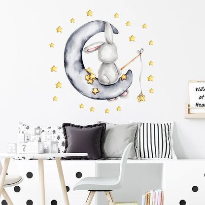 Cartoon Grey Baby Elephant Moon Gold Stars Wall Stickers for Kids Room Decor Nurserry Wall Decals Girl Boy Room Decorative-HomeDecorDecals_com