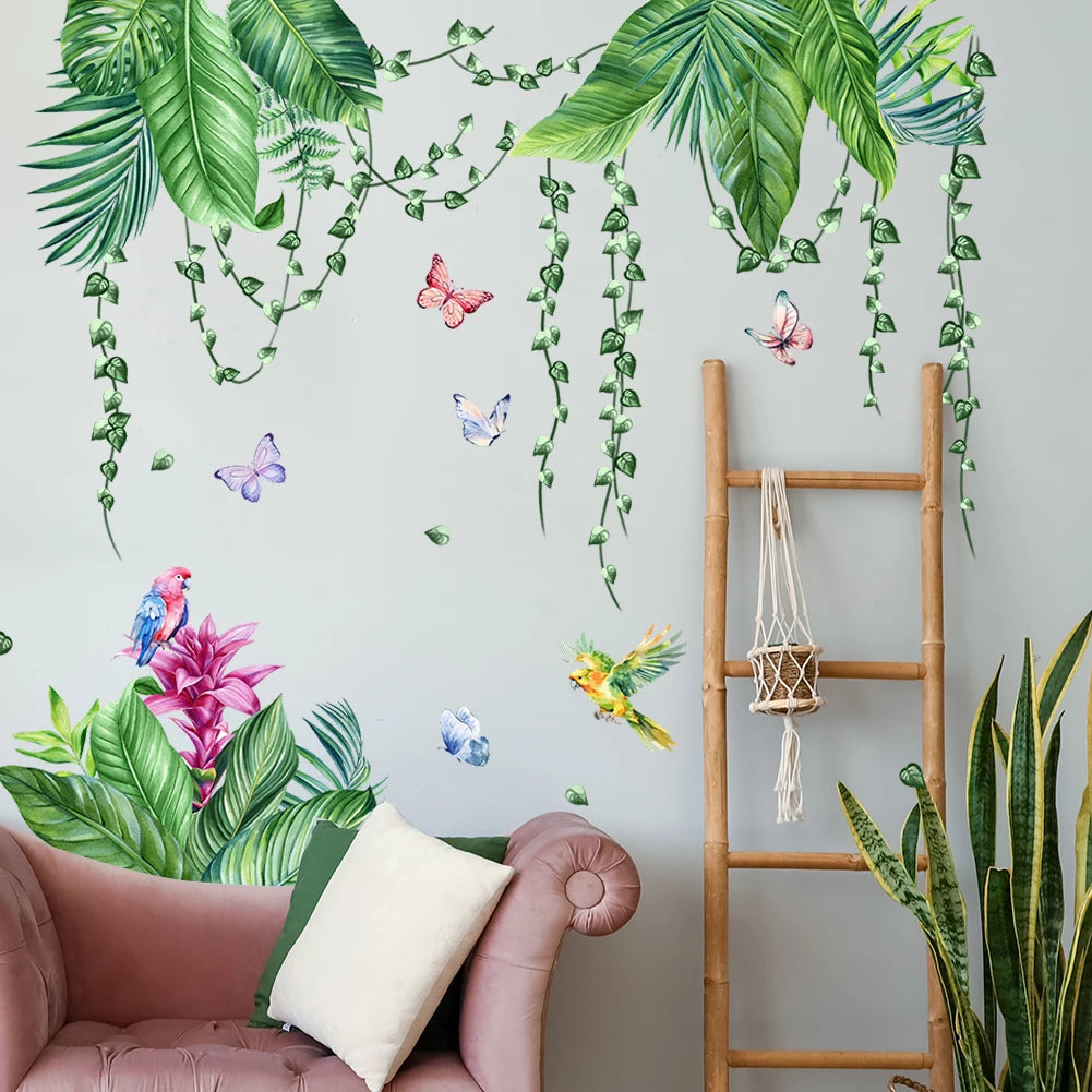 Red Flower Wall Stickers In Green Plants Children's Bedroom Wallpaper Baby Room Decoration Jungle Animal Murals-HomeDecorDecals_com