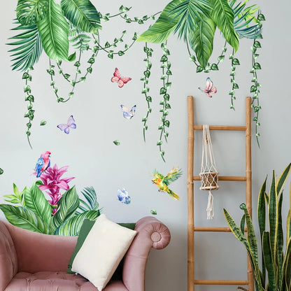 Red Flower Wall Stickers In Green Plants Children's Bedroom Wallpaper Baby Room Decoration Jungle Animal Murals-HomeDecorDecals_com