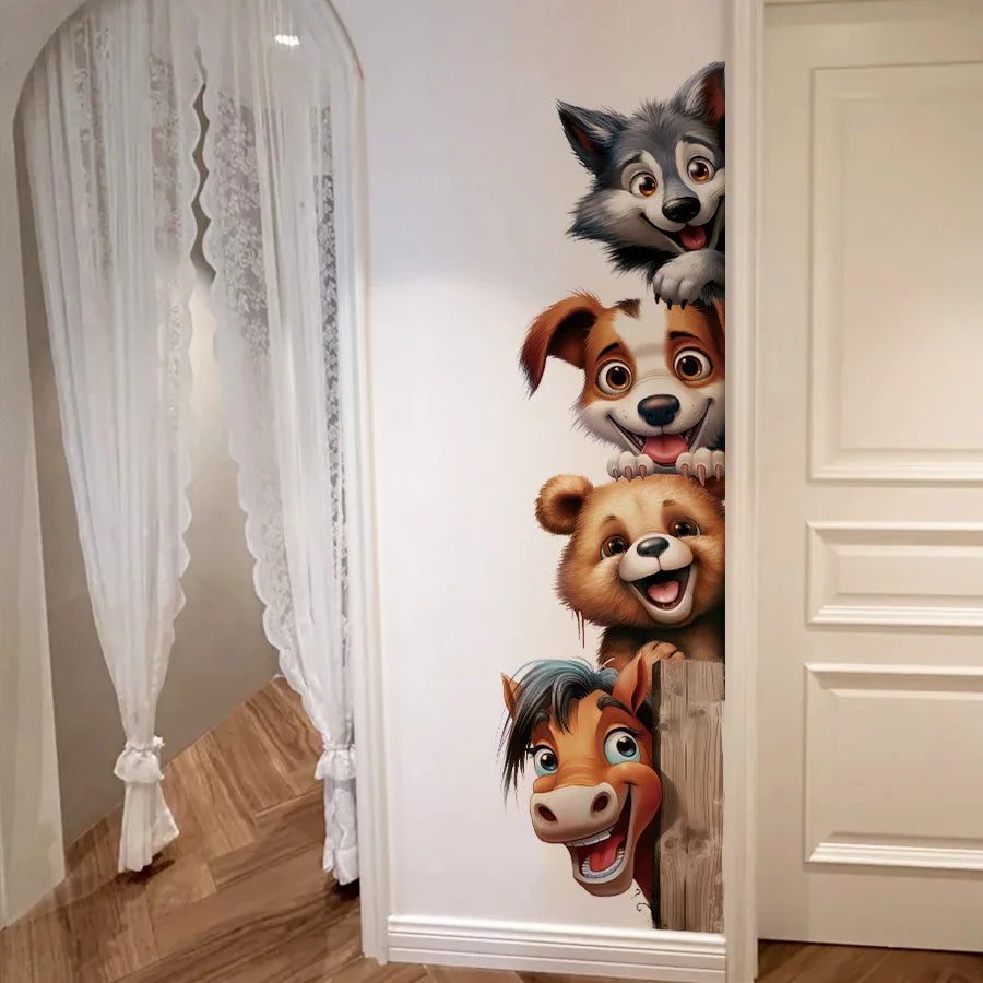 Funny Animal Wall Stickers With Horse Bear Dog And Wolf, Removable Self-Adhesive Animal Door Decals For Bedroom Hallway Decor-HomeDecorDecals_com