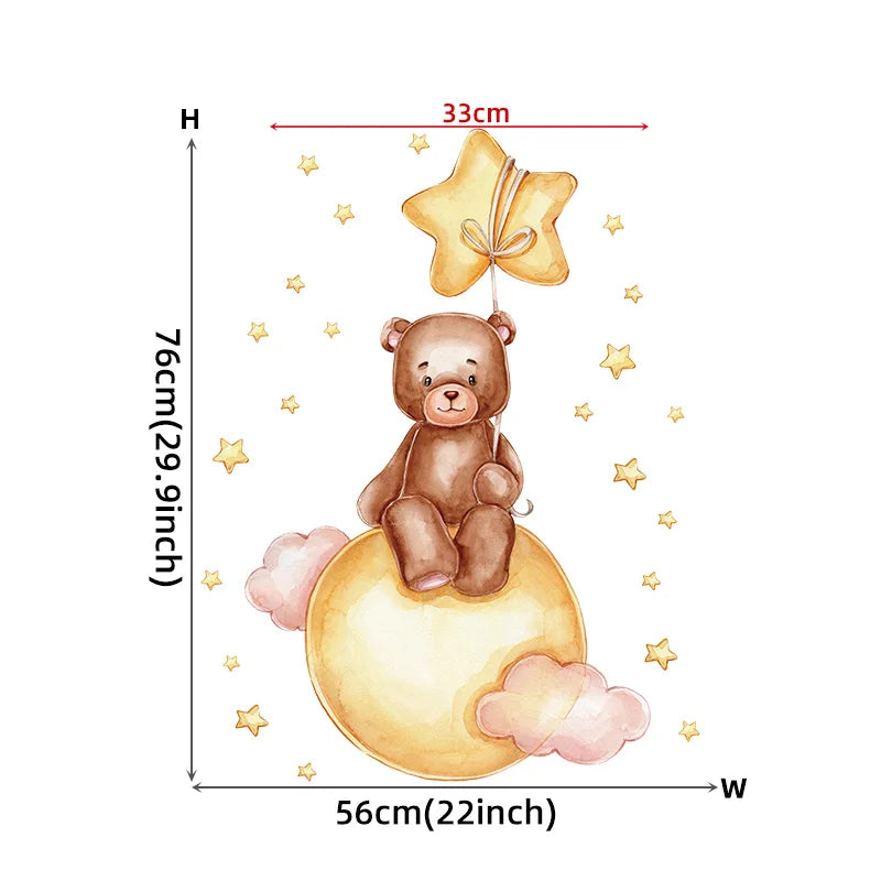Cartoon Brown Bear Swing on the Moon Wall Stickers Baby Nursery Hand Paint Wall Decals Animals Decorative Stickers Home Decor-HomeDecorDecals_com