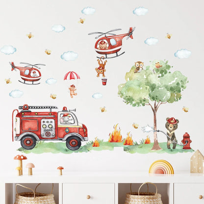 Cartoon A GrouCartoon Animal Fireman Helicopter Fire Truck Wall Stickers for Kids Room Bedroom Nursery Decoration Wall Decals-HomeDecorDecals_com