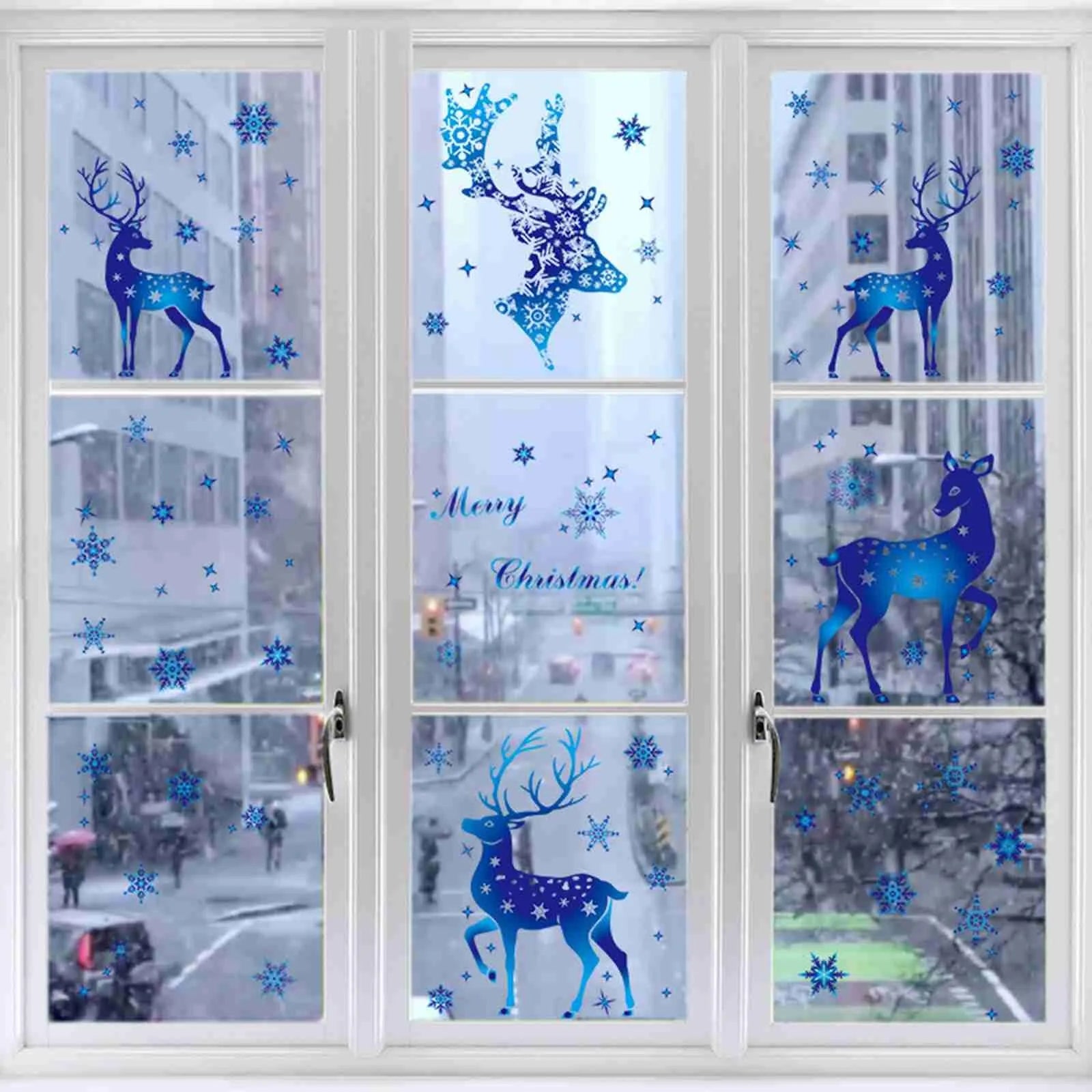 Christmas Window Clings Ornament Snowflake Sticker Glass Window Decoration Sticker Christmas Blue Snowflake Elk Wall Sticker-HomeDecorDecals_com