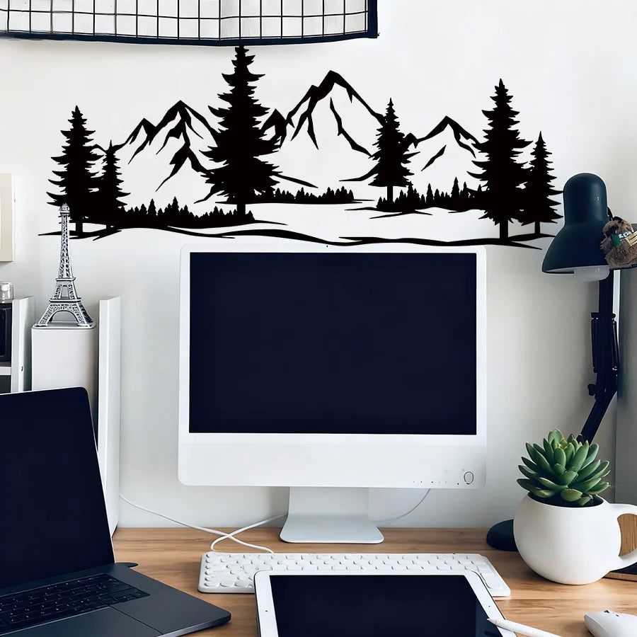 Black Mountain Pine Tree Wall Sticker, Scandinavian Silhouette Decal, Removable Nature Theme Art For Bedroom Living Room-HomeDecorDecals_com
