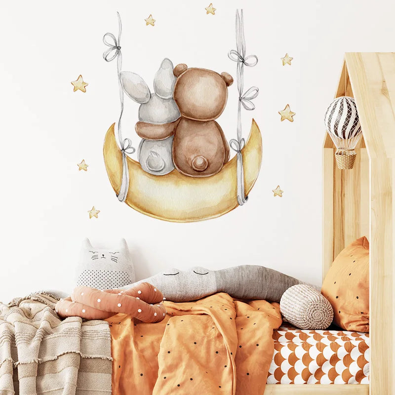 Cartoon Grey Baby Elephant Moon Gold Stars Wall Stickers for Kids Room Decor Nurserry Wall Decals Girl Boy Room Decorative-HomeDecorDecals_com