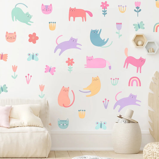 Cartoon Cat and Butterfly Wall Decal | Kids Room Decor removable peel and stick wall decal by HomeDecorDecals.