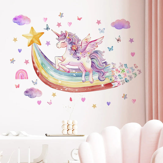 2Pcs Rainbow Unicorn Butterflies Wall Decal-HomeDecorDecals_com