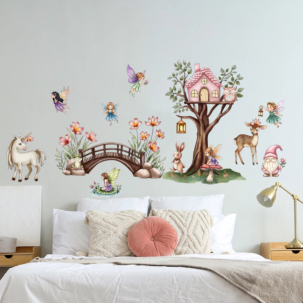 Unicorn Flower Fairy Wall Stickers In The Forest Are Used For Artistic Home Decoration In Baby Daycare And Children's Rooms-HomeDecorDecals_com