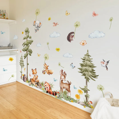 Forest Animals Wall Stickers Cartoon Fox Hedgehog Pine Tree Vinyl Decals for Children's Room Baby Bedroom Home Wall Decoration-HomeDecorDecals_com