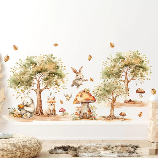 2Pcs Rural Tree Fox Rabbit Bear Wall Stickers Baby Room Decor for Home Decoration Essentials Kids Room Wall Decals Living Room-HomeDecorDecals_com
