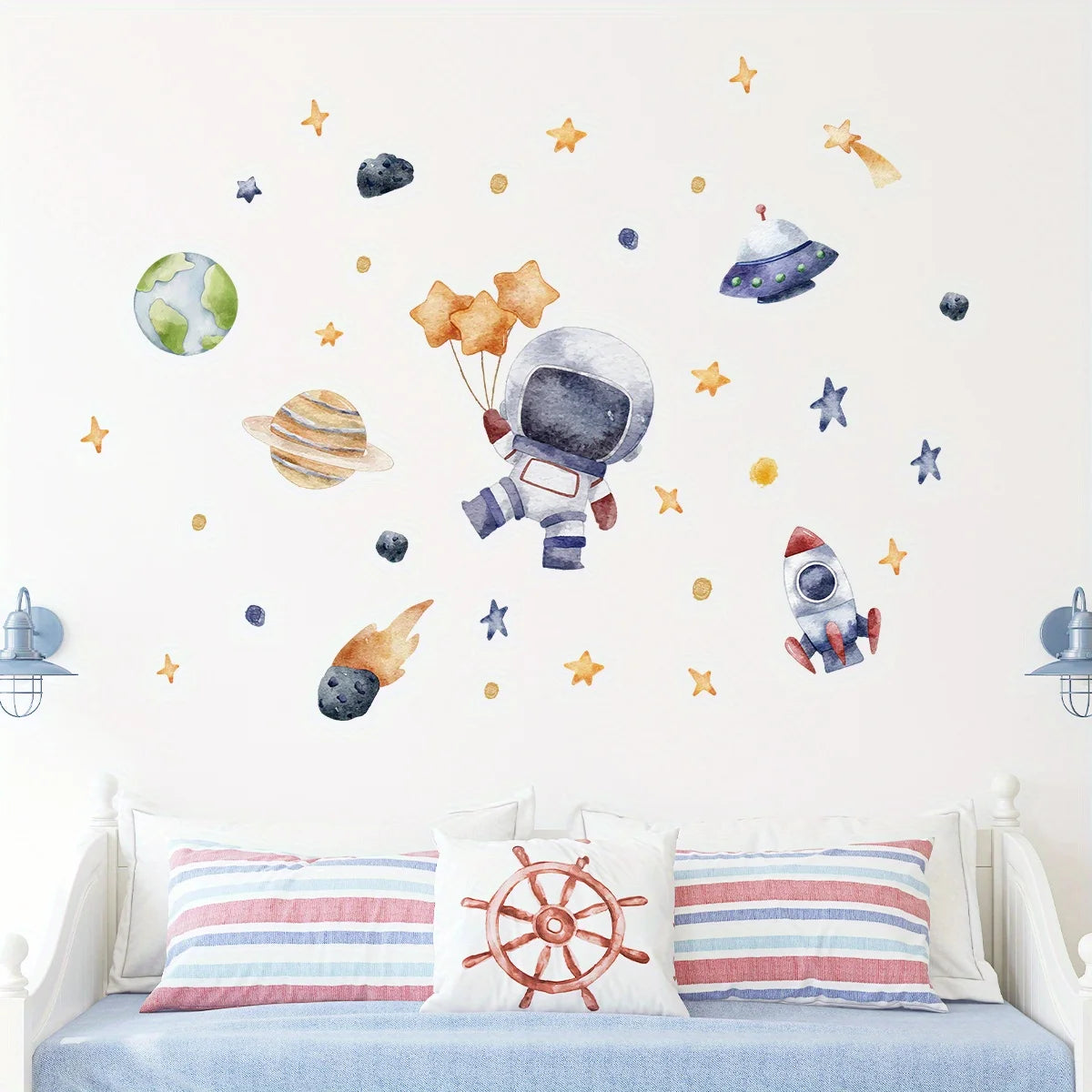 Cartoon Cute Astronaut Spaceship Rocket Planet Star Space Wall Stickers for Bedroom Living Room Nursery Decoration Wall Decal-HomeDecorDecals_com