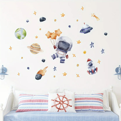Cartoon Cute Astronaut Spaceship Rocket Planet Star Space Wall Stickers for Bedroom Living Room Nursery Decoration Wall Decal-HomeDecorDecals_com