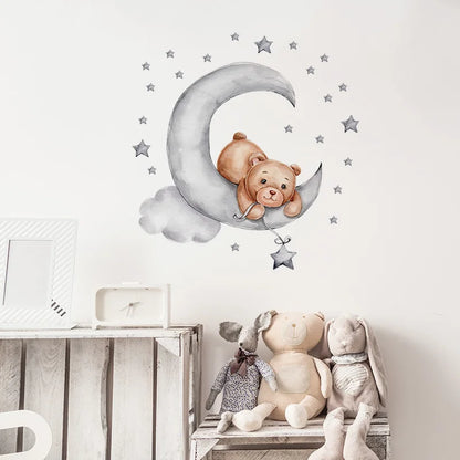 Cartoon Grey Baby Elephant Moon Gold Stars Wall Stickers for Kids Room Decor Nurserry Wall Decals Girl Boy Room Decorative-HomeDecorDecals_com