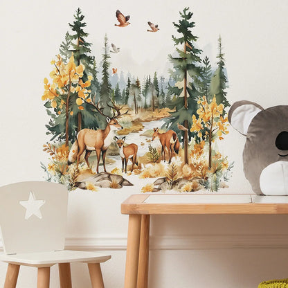 Cartoon Deer Forest Wall Sticker Kids Room Bedroom Background Decor Wallpaper Living Room Home Decoration Self-adhesive Decals-HomeDecorDecals_com