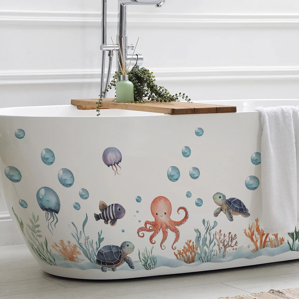 Watercolor Cartoon Ocean Fish Animal Wall Sticker Living Room Bedroom Sea Life Beach Landscape Wall Decal Home Decor-HomeDecorDecals_com
