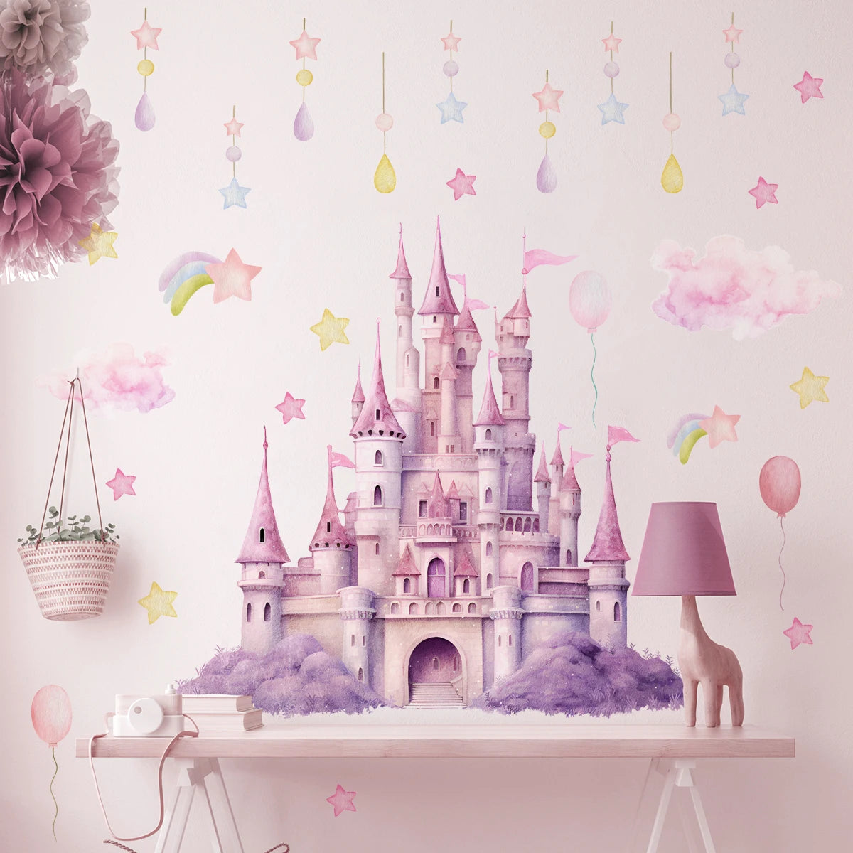 2sheet/set Pink Castle Wall Decals, Clouds Stars Wall Stickers, Balloon Wall Decor for Kids Girls Bedroom Nursery Home-HomeDecorDecals_com