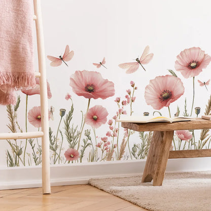 Watercolour Pink Poppy and Dragonfly Wall Decal | Home Decor design details by HomeDecorDecals.