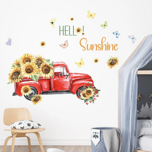 Watercolour Pickup Truck Sunflower Pattern Wall Decal | Home Decor removable peel and stick wall decal by HomeDecorDecals.