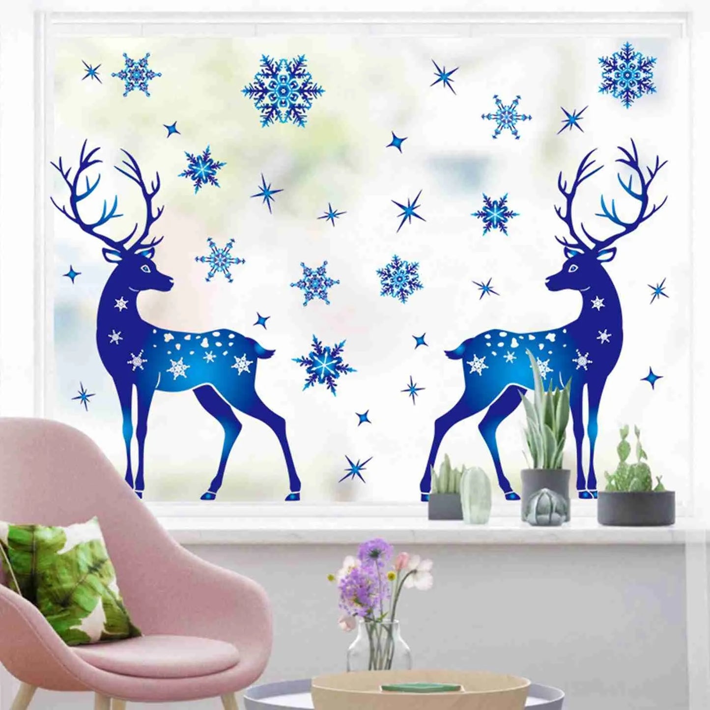 Christmas Window Clings Ornament Snowflake Sticker Glass Window Decoration Sticker Christmas Blue Snowflake Elk Wall Sticker-HomeDecorDecals_com