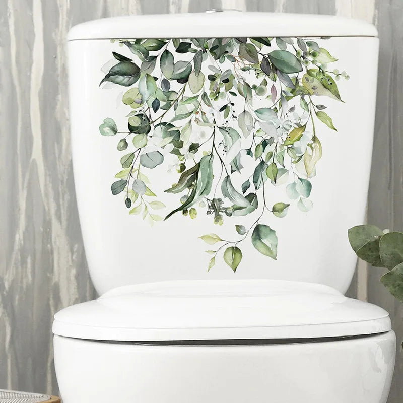 Green Plant Leaves Bathroom Toilet Sticker WC Closestool Wall Sticker Self Adhesive Mural Beautify Flower Home Decoration Decals-HomeDecorDecals_com