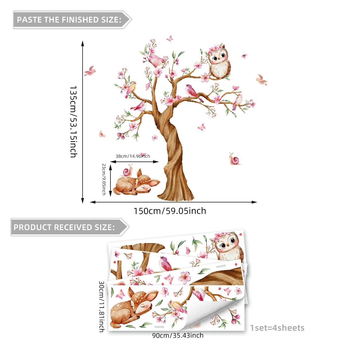 Pink Tree Branches Birds Butterflies Elf Girls Meet Wall Stickers Bedroom Children's Room Home Wall Decoration Self-adhesive-HomeDecorDecals_com