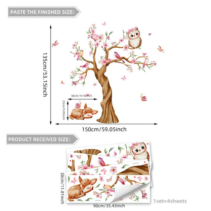 Pink Tree Branches Birds Butterflies Elf Girls Meet Wall Stickers Bedroom Children's Room Home Wall Decoration Self-adhesive-HomeDecorDecals_com