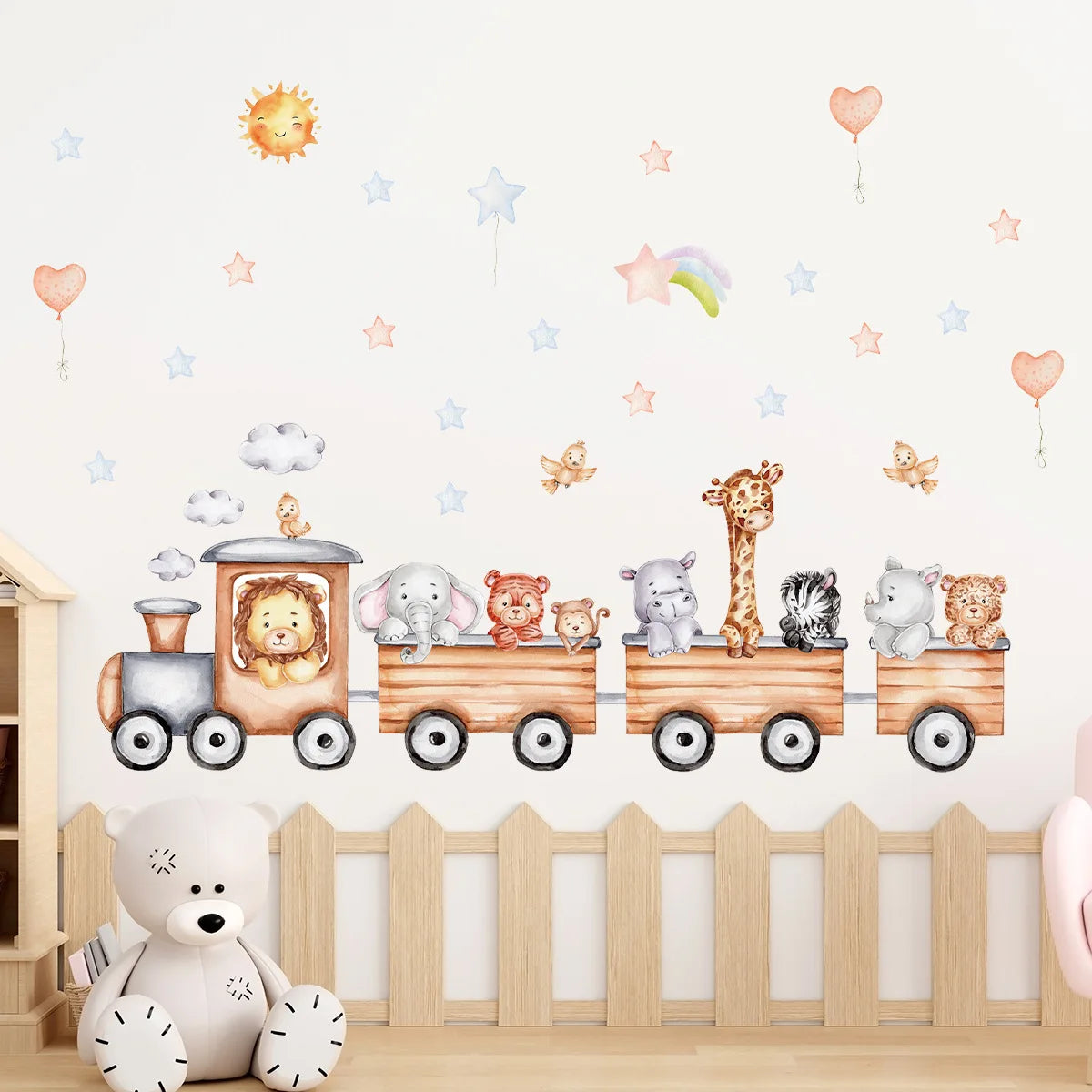 Children's Room Wall Stickers Cartoon Animals on Train Airplane Hot Air Balloon Wall Decals Baby Nursary Kindergarten Decoration-HomeDecorDecals_com