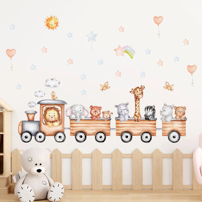 Children's Room Wall Stickers Cartoon Animals on Train Airplane Hot Air Balloon Wall Decals Baby Nursary Kindergarten Decoration-HomeDecorDecals_com
