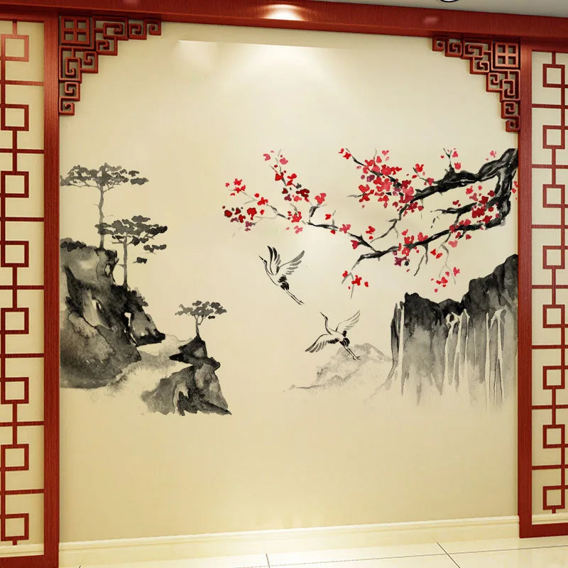 Wind Ink Landscape Painting Art Wall Stickers Crane Bedroom Living Room Home Decoration Self-adhesive Wall Decals-HomeDecorDecals_com
