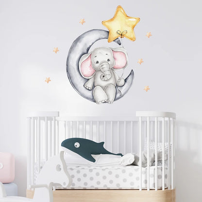 Cartoon Grey Baby Elephant Moon Gold Stars Wall Stickers for Kids Room Decor Nurserry Wall Decals Girl Boy Room Decorative-HomeDecorDecals_com