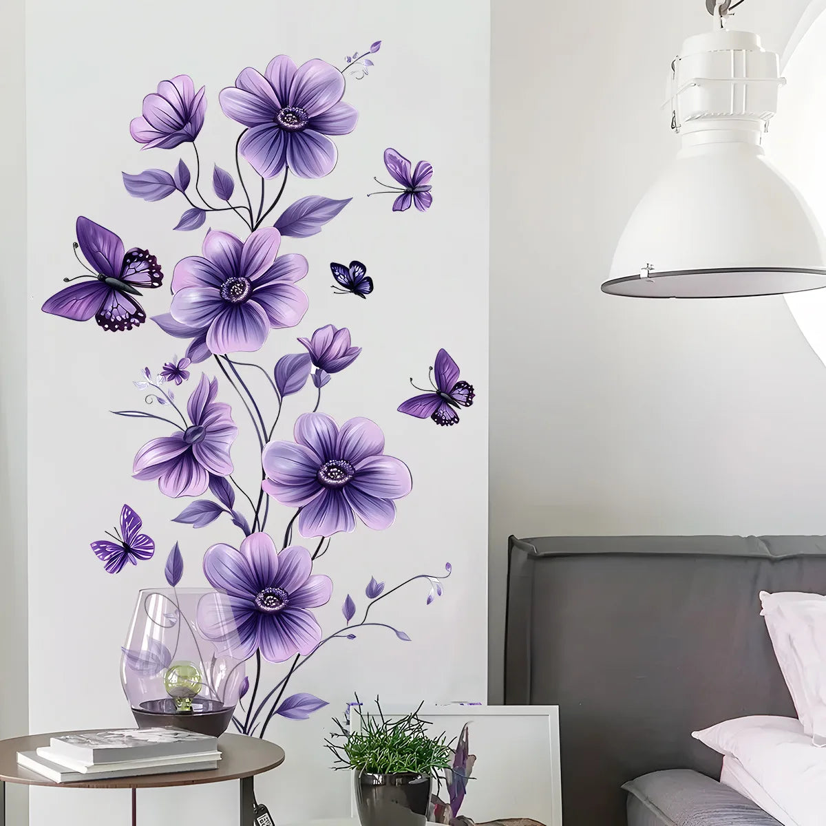 1PCS Purple Flowers Green Plants Butterfly Bedroom Living Room Wall Decoration Wall Stickers Home Accessories Self-Adhesive-HomeDecorDecals_com