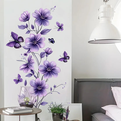 1PCS Purple Flowers Green Plants Butterfly Bedroom Living Room Wall Decoration Wall Stickers Home Accessories Self-Adhesive-HomeDecorDecals_com